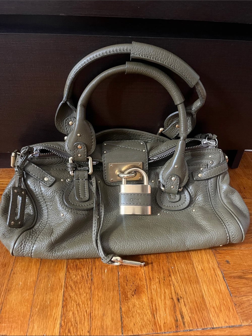 Olive Green Pebbled Leather Satchel with Padlock Detail
